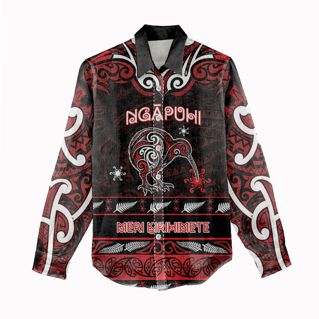Personalised Ngapuhi Aotearoa Meri Kirihimete Women Casual Shirt Maori Kiwi Bird Silver Fern Koru Pattern