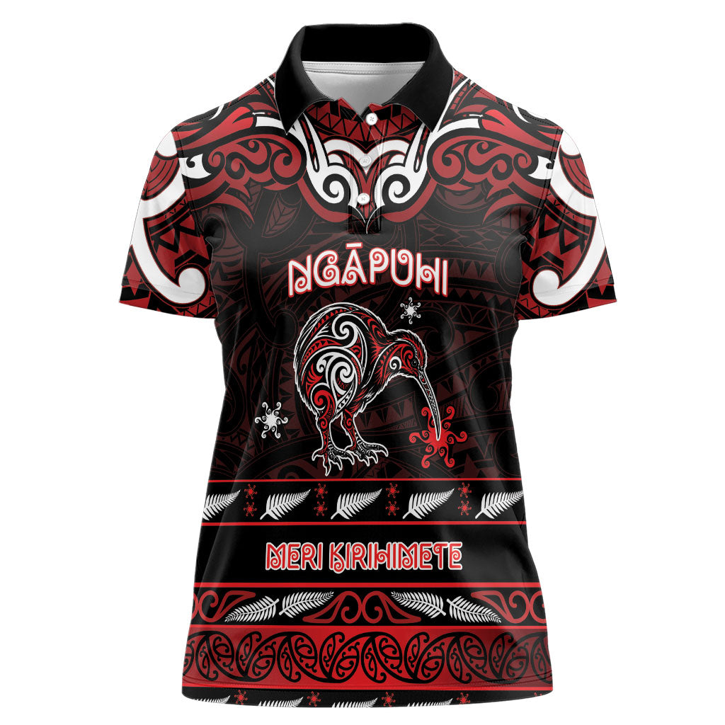 Personalised Ngapuhi Aotearoa Meri Kirihimete Women Polo Shirt Maori Kiwi Bird Silver Fern Koru Pattern