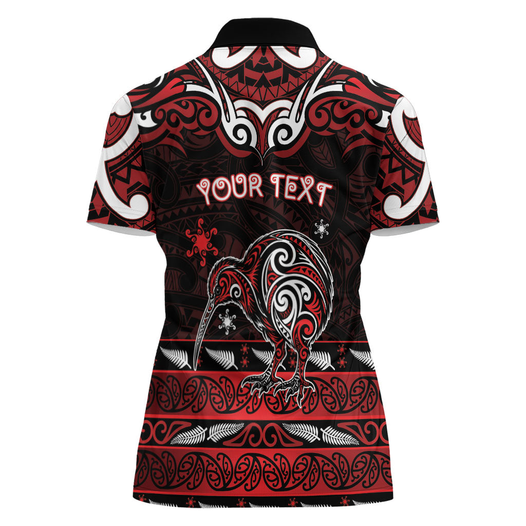 Personalised Ngapuhi Aotearoa Meri Kirihimete Women Polo Shirt Maori Kiwi Bird Silver Fern Koru Pattern