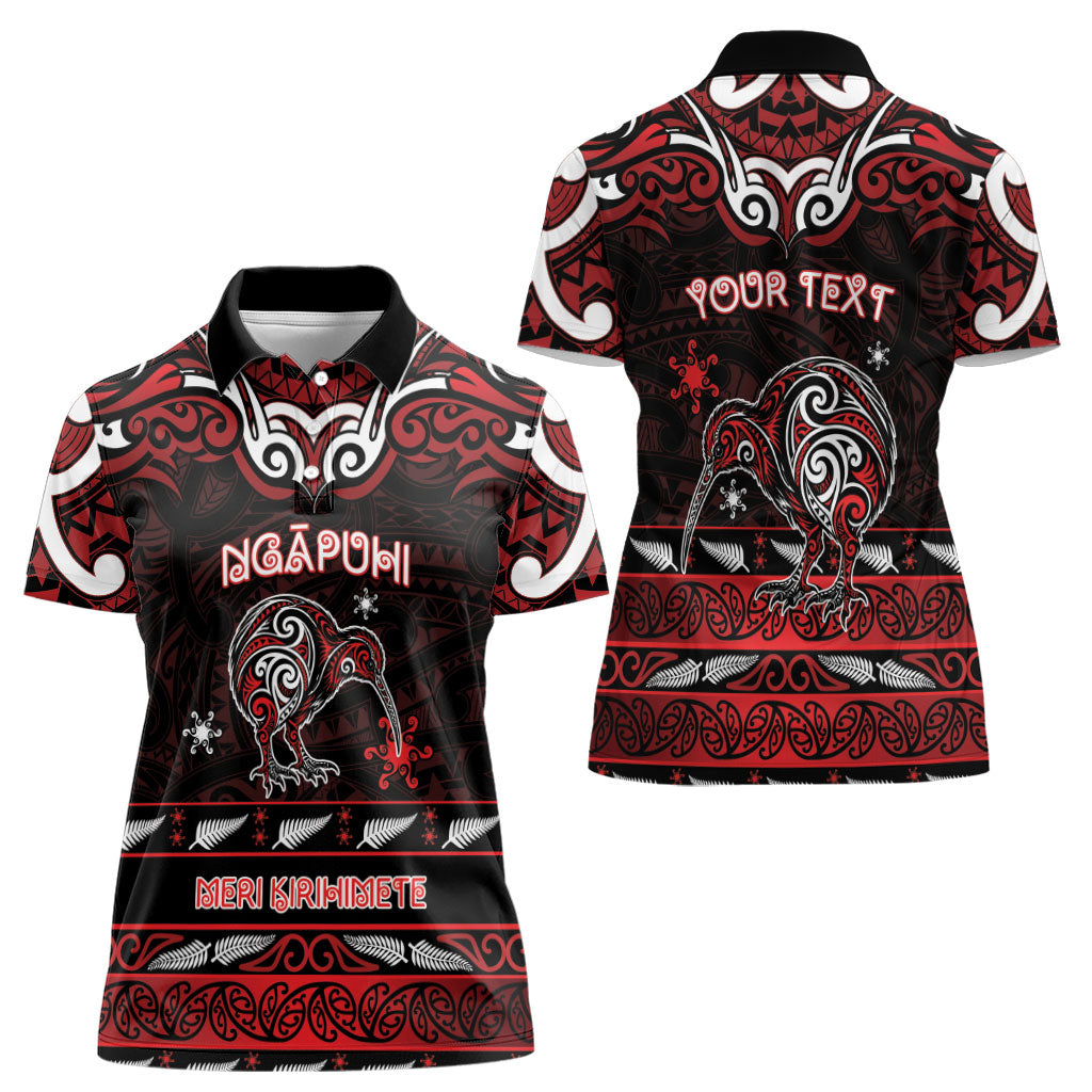 Personalised Ngapuhi Aotearoa Meri Kirihimete Women Polo Shirt Maori Kiwi Bird Silver Fern Koru Pattern