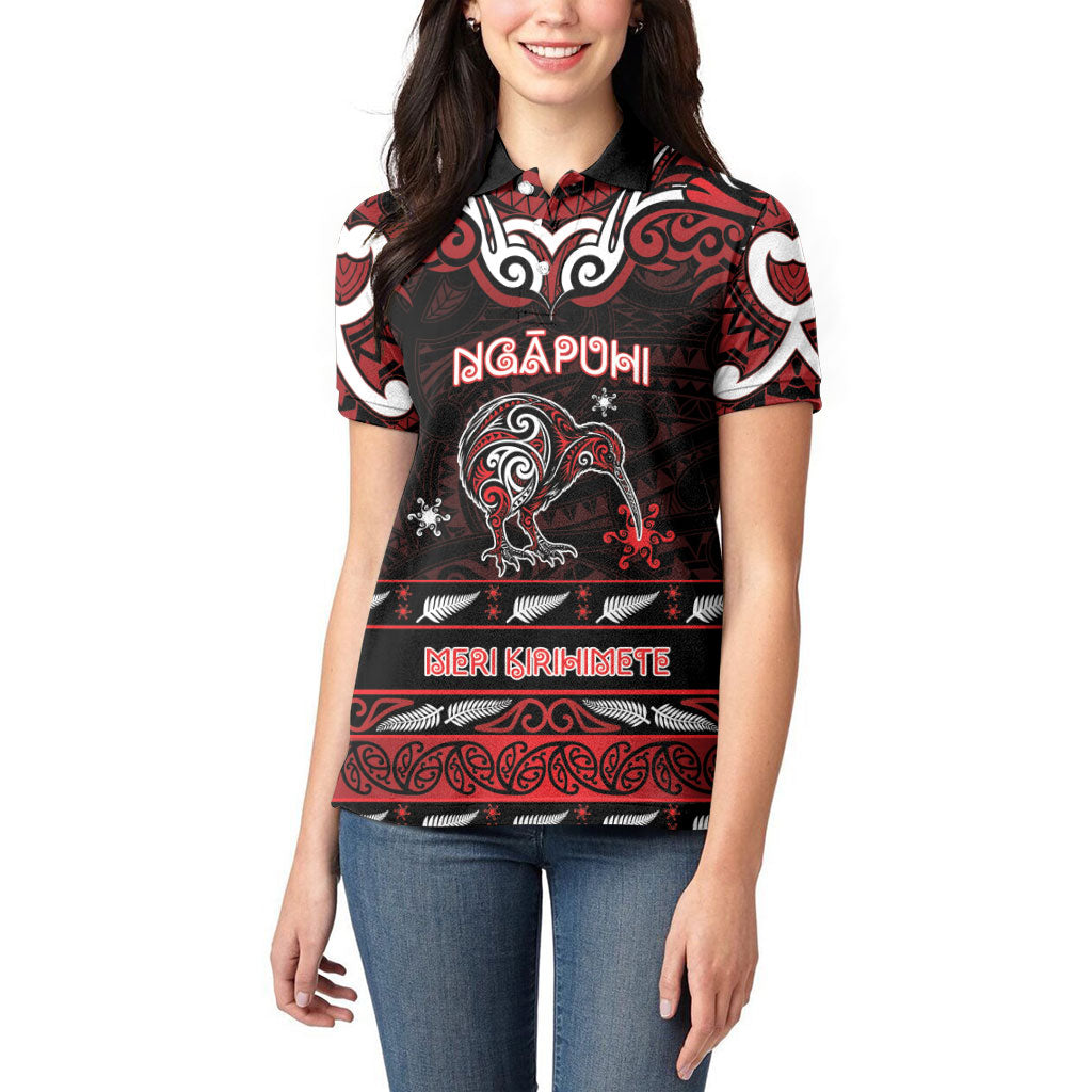 Personalised Ngapuhi Aotearoa Meri Kirihimete Women Polo Shirt Maori Kiwi Bird Silver Fern Koru Pattern