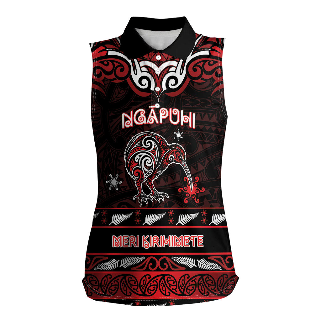 Personalised Ngapuhi Aotearoa Meri Kirihimete Women Sleeveless Polo Shirt Maori Kiwi Bird Silver Fern Koru Pattern