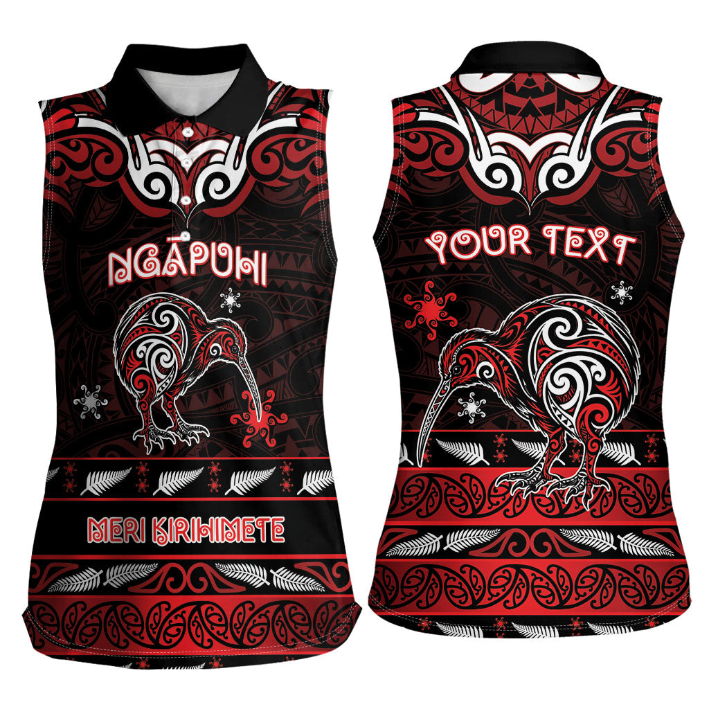 Personalised Ngapuhi Aotearoa Meri Kirihimete Women Sleeveless Polo Shirt Maori Kiwi Bird Silver Fern Koru Pattern