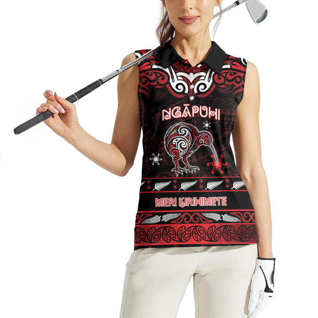 Personalised Ngapuhi Aotearoa Meri Kirihimete Women Sleeveless Polo Shirt Maori Kiwi Bird Silver Fern Koru Pattern