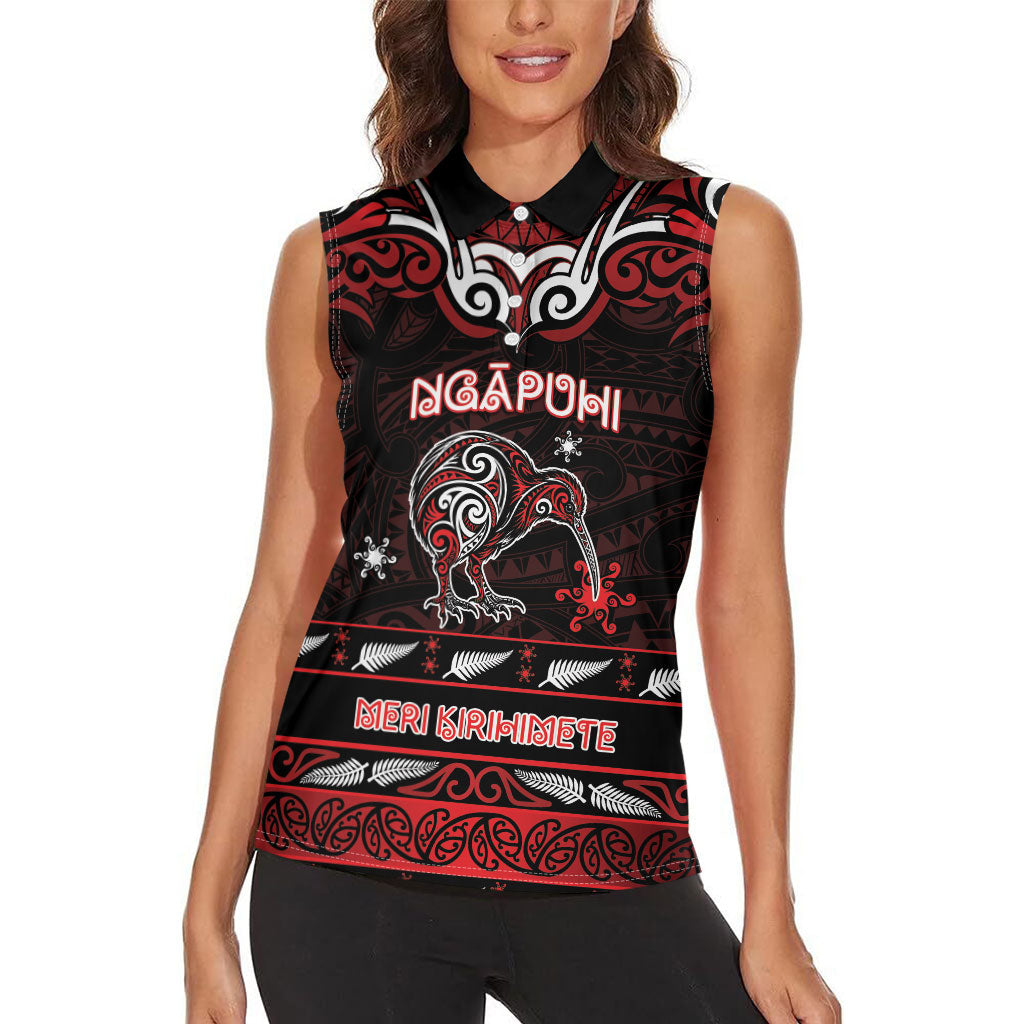 Personalised Ngapuhi Aotearoa Meri Kirihimete Women Sleeveless Polo Shirt Maori Kiwi Bird Silver Fern Koru Pattern