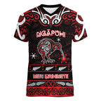 Personalised Ngapuhi Aotearoa Meri Kirihimete Women V-Neck T-Shirt Maori Kiwi Bird Silver Fern Koru Pattern