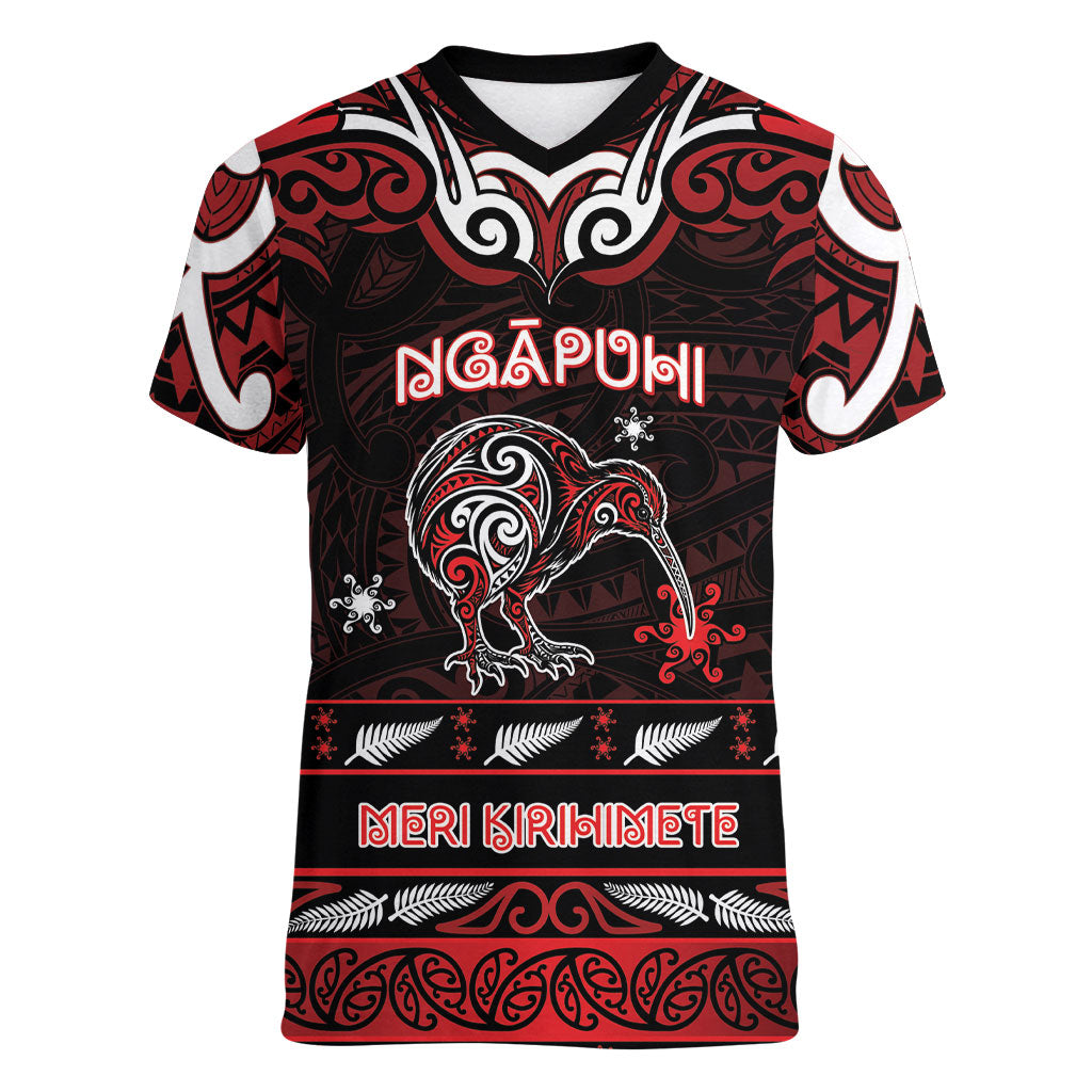 Personalised Ngapuhi Aotearoa Meri Kirihimete Women V-Neck T-Shirt Maori Kiwi Bird Silver Fern Koru Pattern