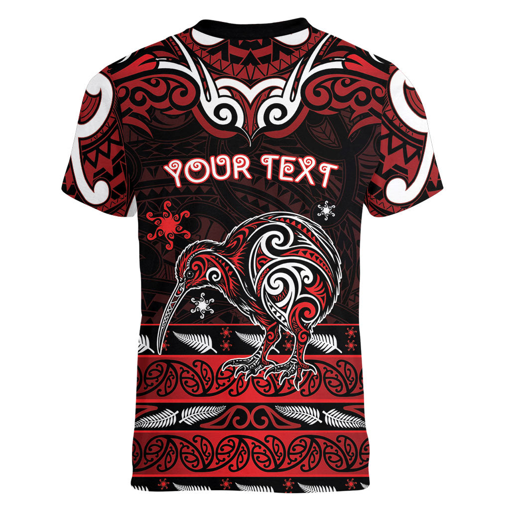Personalised Ngapuhi Aotearoa Meri Kirihimete Women V-Neck T-Shirt Maori Kiwi Bird Silver Fern Koru Pattern