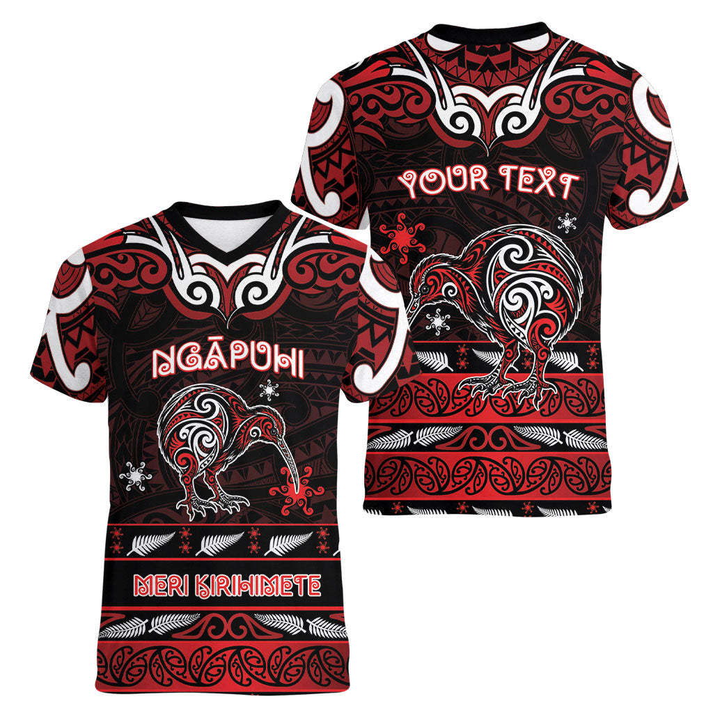 Personalised Ngapuhi Aotearoa Meri Kirihimete Women V-Neck T-Shirt Maori Kiwi Bird Silver Fern Koru Pattern