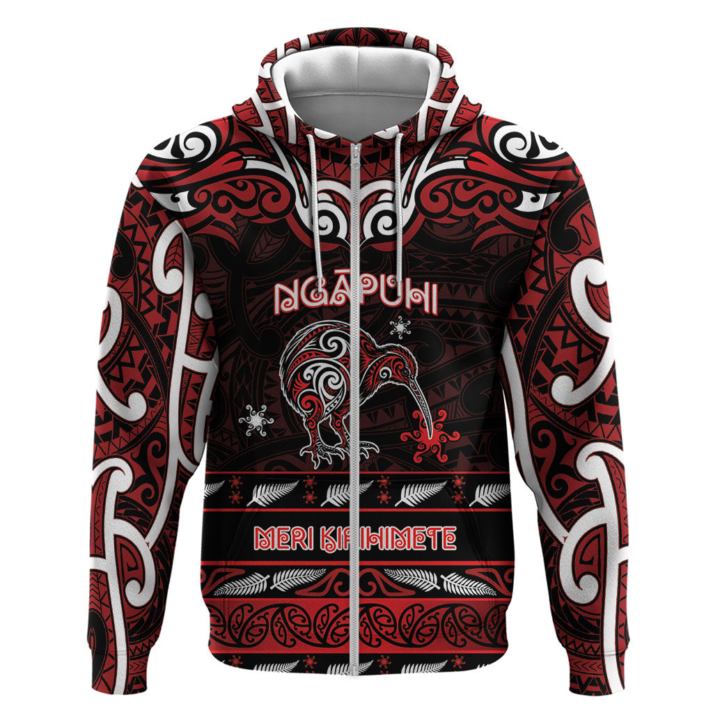 Personalised Ngapuhi Aotearoa Meri Kirihimete Zip Hoodie Maori Kiwi Bird Silver Fern Koru Pattern