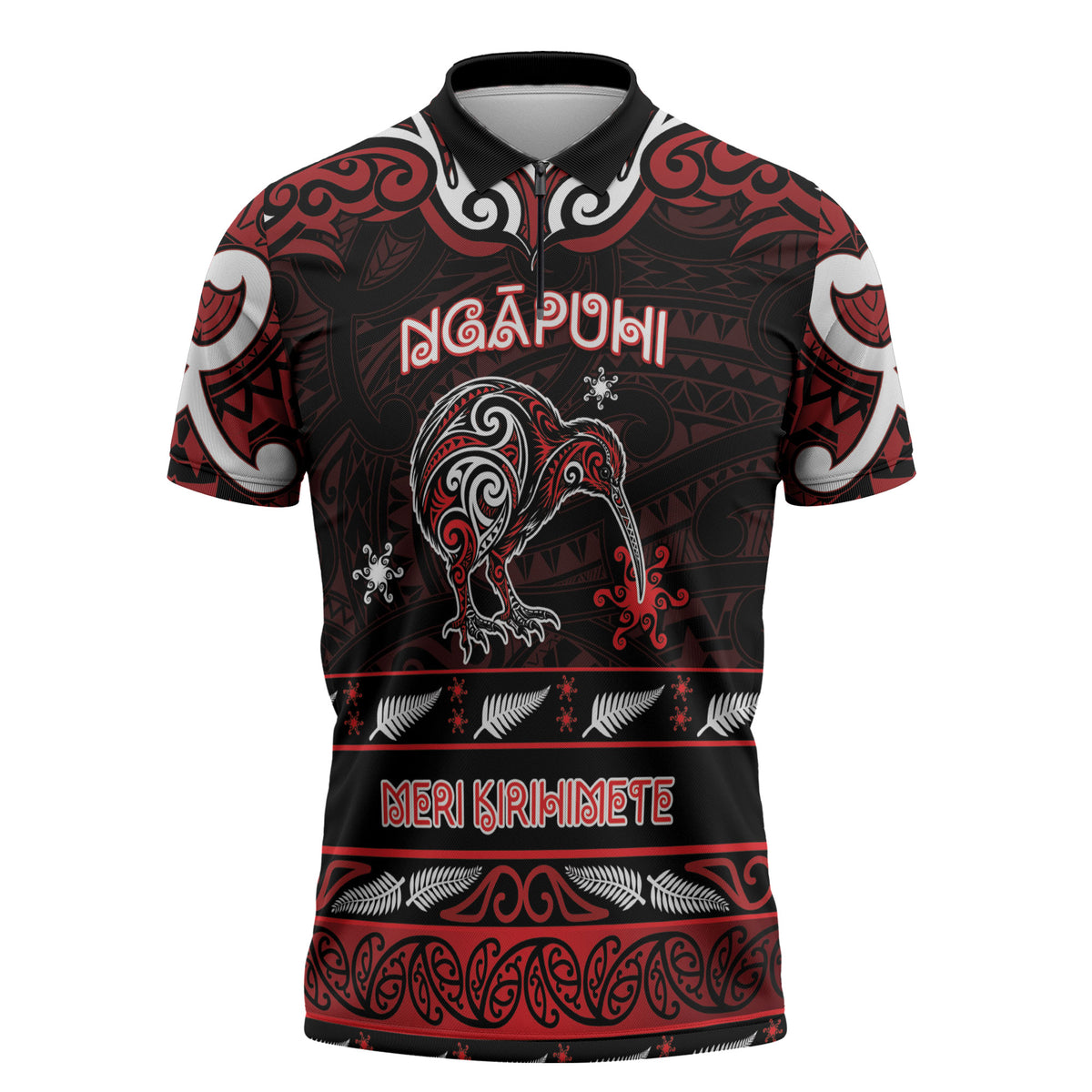 Personalised Ngapuhi Aotearoa Meri Kirihimete Zipper Polo Shirt Maori Kiwi Bird Silver Fern Koru Pattern