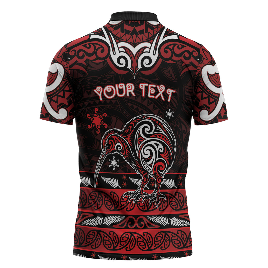 Personalised Ngapuhi Aotearoa Meri Kirihimete Zipper Polo Shirt Maori Kiwi Bird Silver Fern Koru Pattern