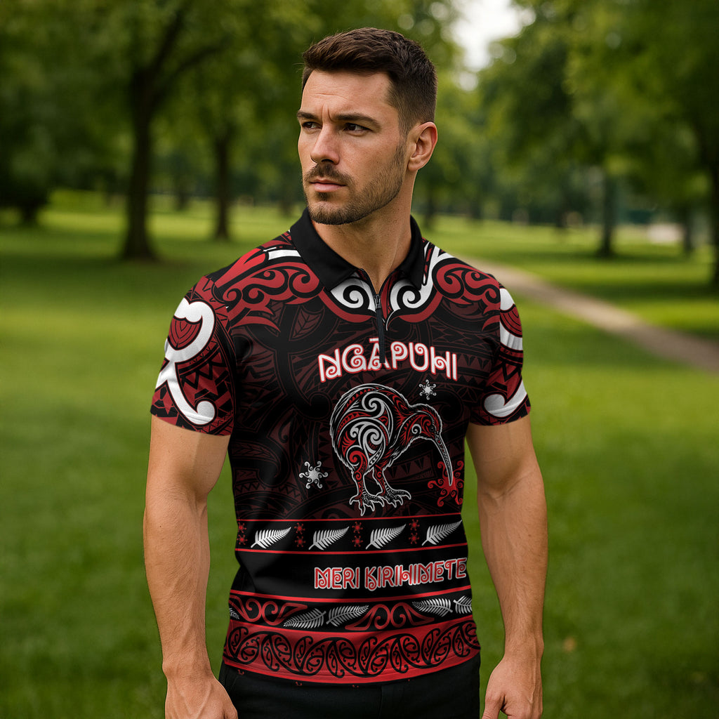 Personalised Ngapuhi Aotearoa Meri Kirihimete Zipper Polo Shirt Maori Kiwi Bird Silver Fern Koru Pattern