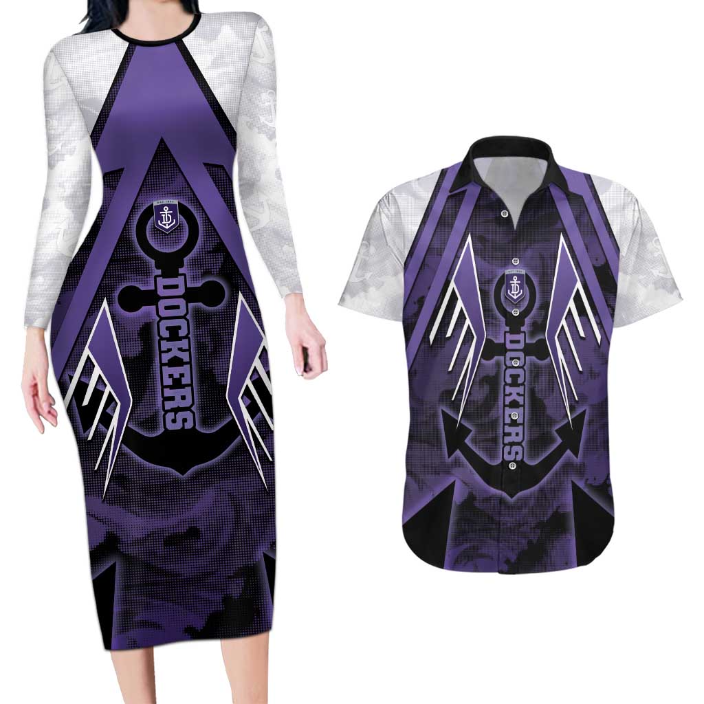 Custom Fremantle Football Couples Matching Long Sleeve Bodycon Dress and Hawaiian Shirt Dockers Anchor Sporty Style