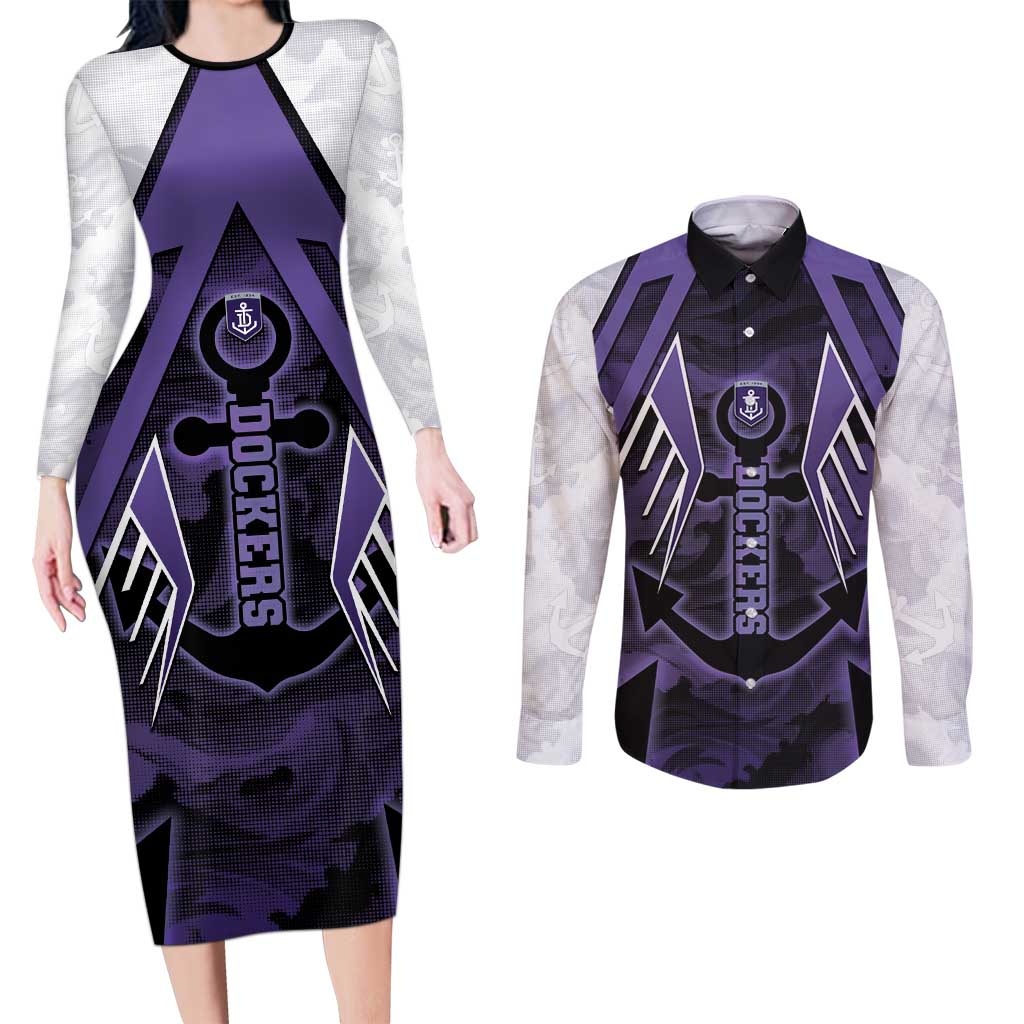 Custom Fremantle Football Couples Matching Long Sleeve Bodycon Dress and Long Sleeve Button Shirt Dockers Anchor Sporty Style