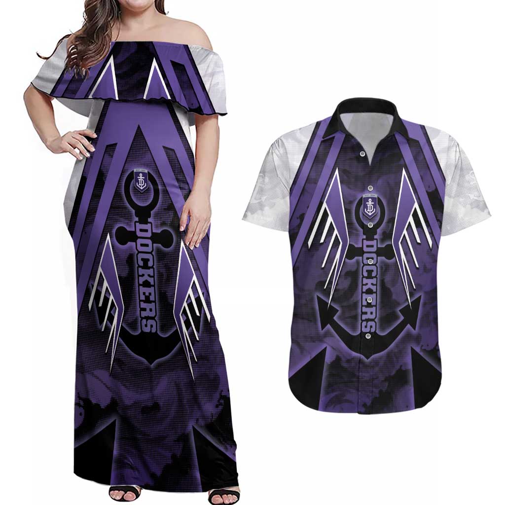 Custom Fremantle Football Couples Matching Off Shoulder Maxi Dress and Hawaiian Shirt Dockers Anchor Sporty Style