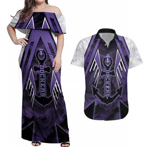 Custom Fremantle Football Couples Matching Off Shoulder Maxi Dress and Hawaiian Shirt Dockers Anchor Sporty Style