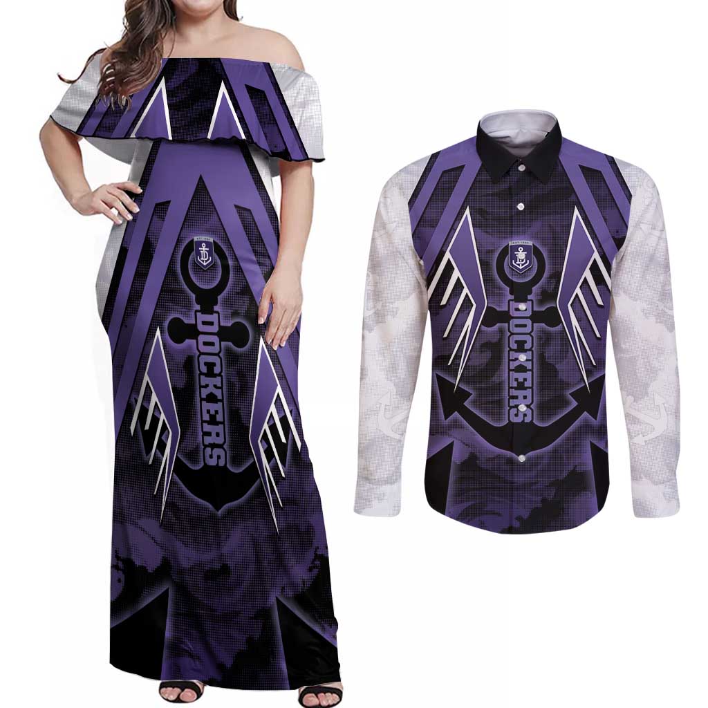 Custom Fremantle Football Couples Matching Off Shoulder Maxi Dress and Long Sleeve Button Shirt Dockers Anchor Sporty Style