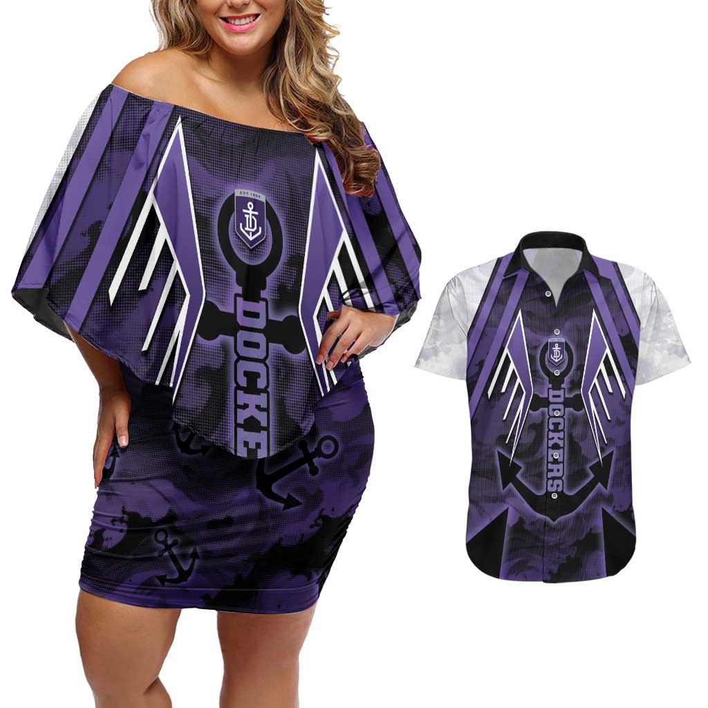 Custom Fremantle Football Couples Matching Off Shoulder Short Dress and Hawaiian Shirt Dockers Anchor Sporty Style