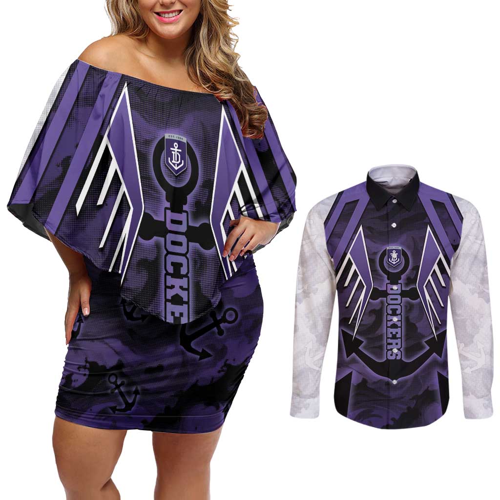 Custom Fremantle Football Couples Matching Off Shoulder Short Dress and Long Sleeve Button Shirt Dockers Anchor Sporty Style
