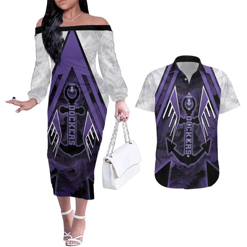 Custom Fremantle Football Couples Matching Off The Shoulder Long Sleeve Dress and Hawaiian Shirt Dockers Anchor Sporty Style