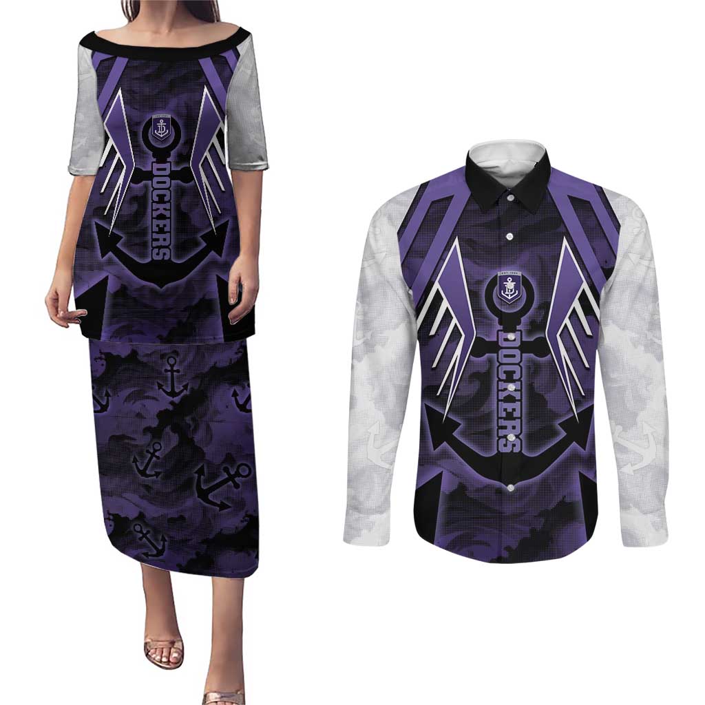Custom Fremantle Football Couples Matching Puletasi and Long Sleeve Button Shirt Dockers Anchor Sporty Style