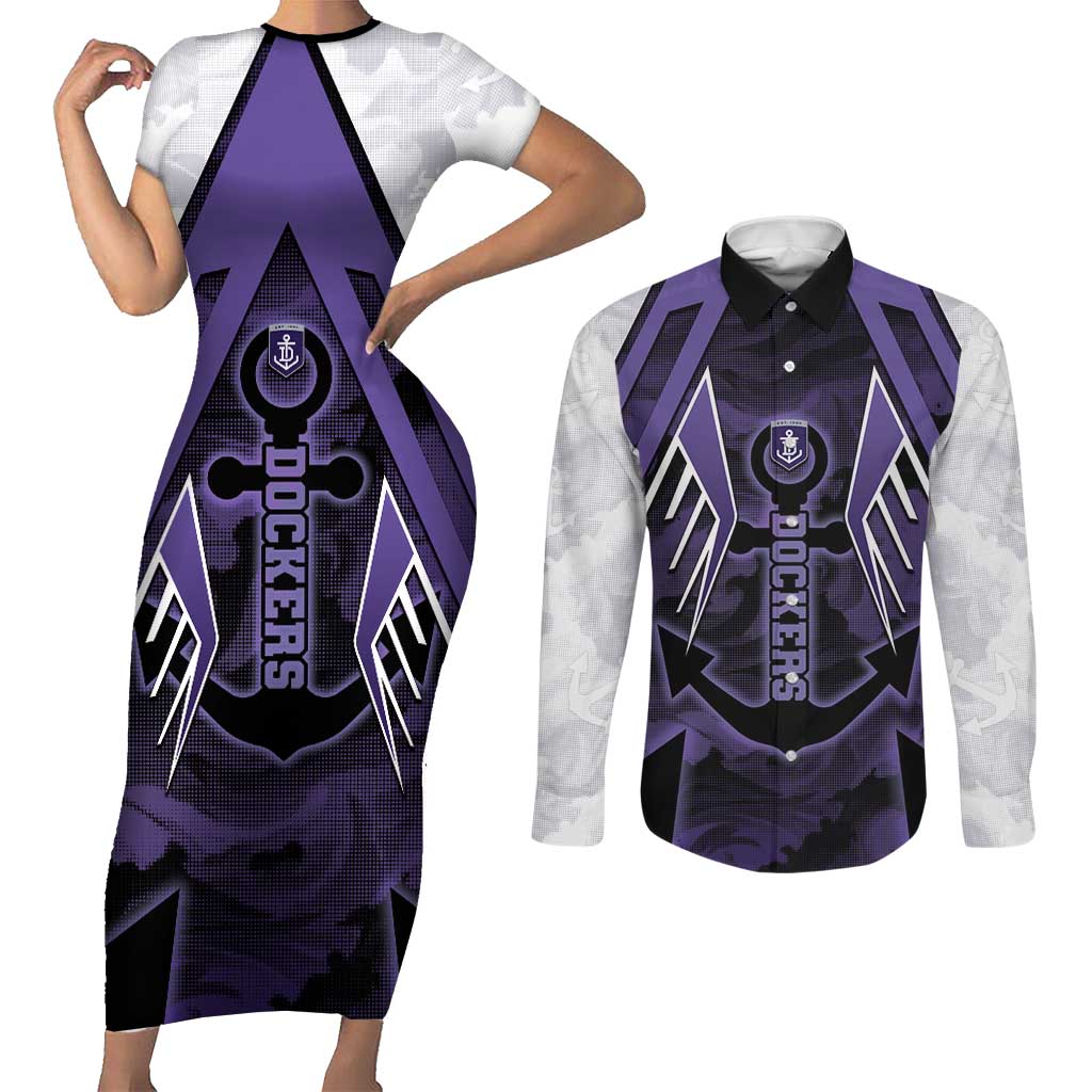 Custom Fremantle Football Couples Matching Short Sleeve Bodycon Dress and Long Sleeve Button Shirt Dockers Anchor Sporty Style