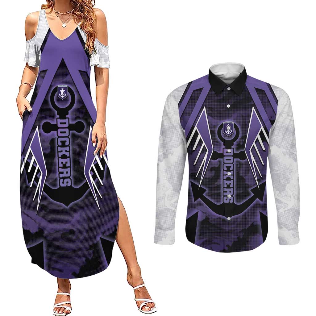 Custom Fremantle Football Couples Matching Summer Maxi Dress and Long Sleeve Button Shirt Dockers Anchor Sporty Style