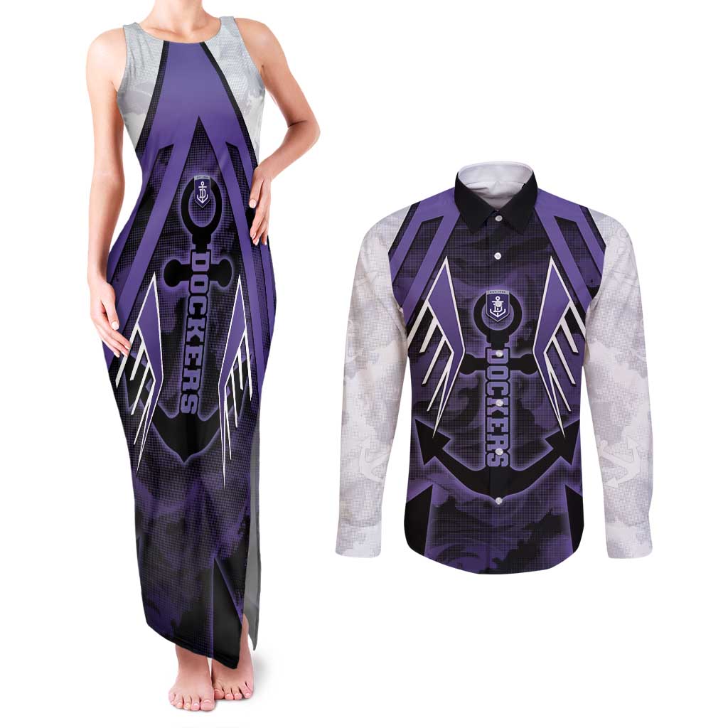 Custom Fremantle Football Couples Matching Tank Maxi Dress and Long Sleeve Button Shirt Dockers Anchor Sporty Style