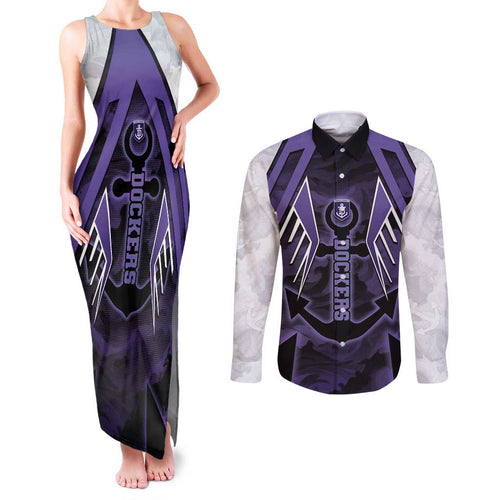 Custom Fremantle Football Couples Matching Tank Maxi Dress and Long Sleeve Button Shirt Dockers Anchor Sporty Style