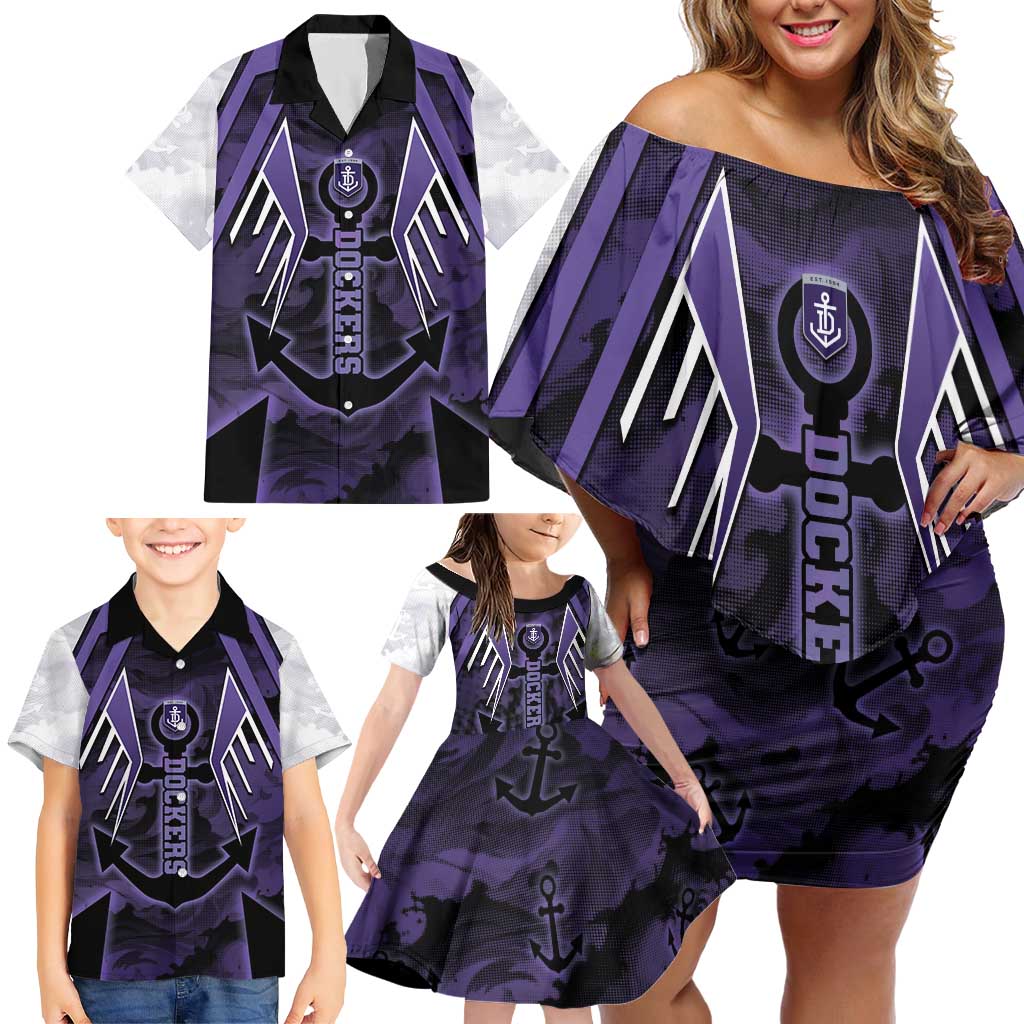 Custom Fremantle Football Family Matching Off Shoulder Short Dress and Hawaiian Shirt Dockers Anchor Sporty Style