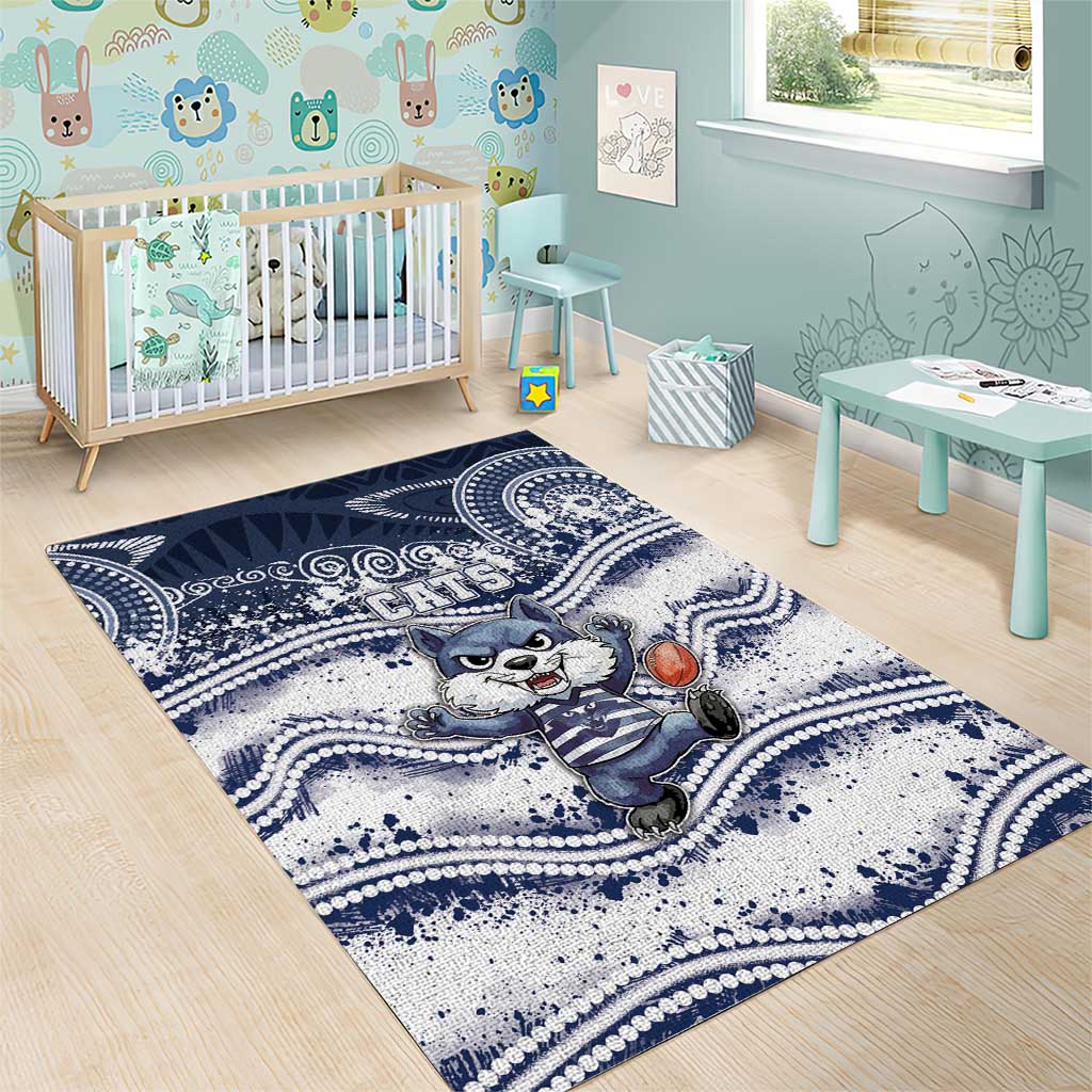Geelong Navy Area Rug Playful Cat Kicking Ball