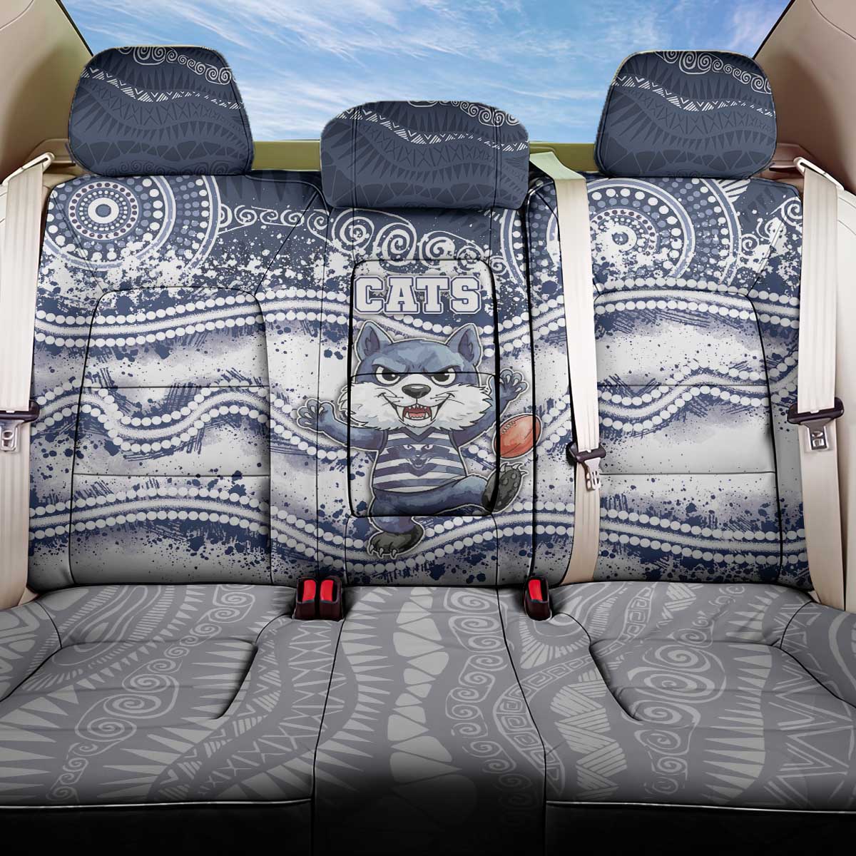 Geelong Navy Back Car Seat Cover Playful Cat Kicking Ball