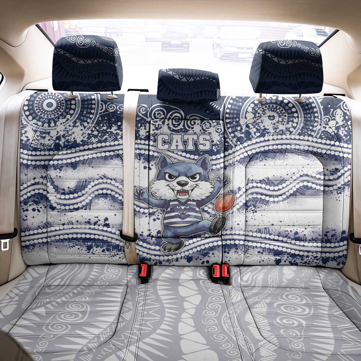 Geelong Navy Back Car Seat Cover Playful Cat Kicking Ball