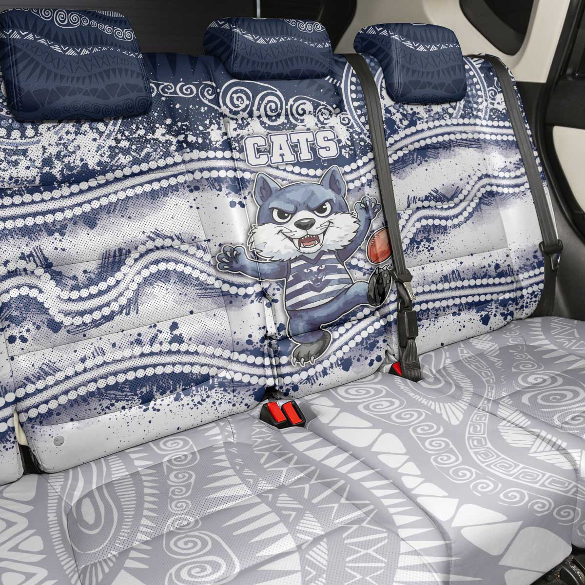 Geelong Navy Back Car Seat Cover Playful Cat Kicking Ball