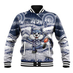 Custom Geelong Navy Baseball Jacket Playful Cat Kicking Ball