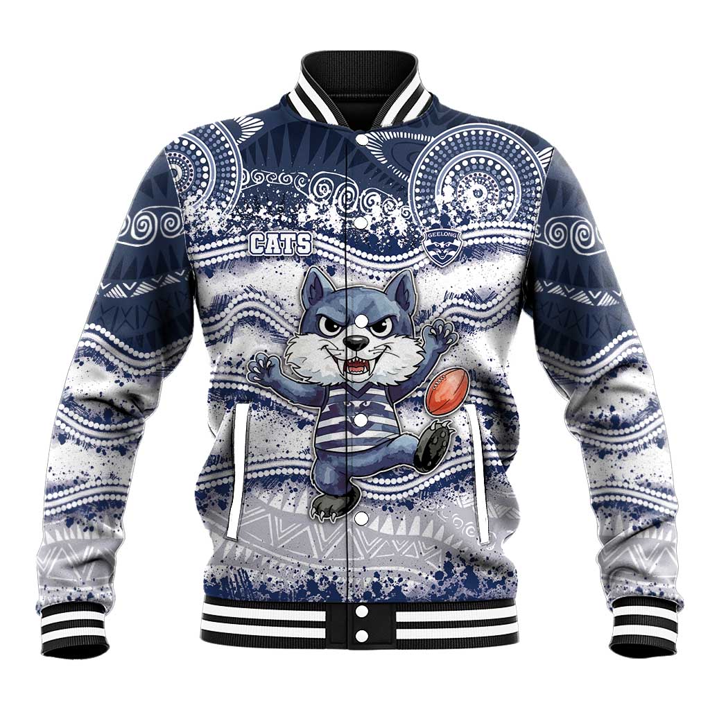 Custom Geelong Navy Baseball Jacket Playful Cat Kicking Ball