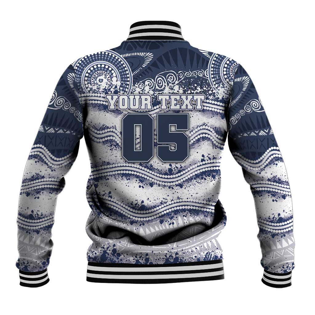 Custom Geelong Navy Baseball Jacket Playful Cat Kicking Ball