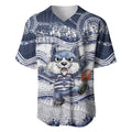 Custom Geelong Navy Baseball Jersey Playful Cat Kicking Ball