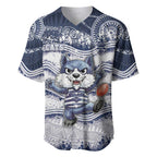 Custom Geelong Navy Baseball Jersey Playful Cat Kicking Ball