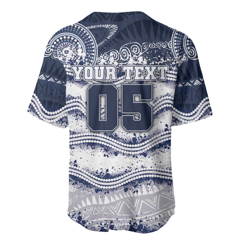 Custom Geelong Navy Baseball Jersey Playful Cat Kicking Ball