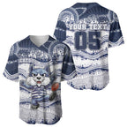 Custom Geelong Navy Baseball Jersey Playful Cat Kicking Ball