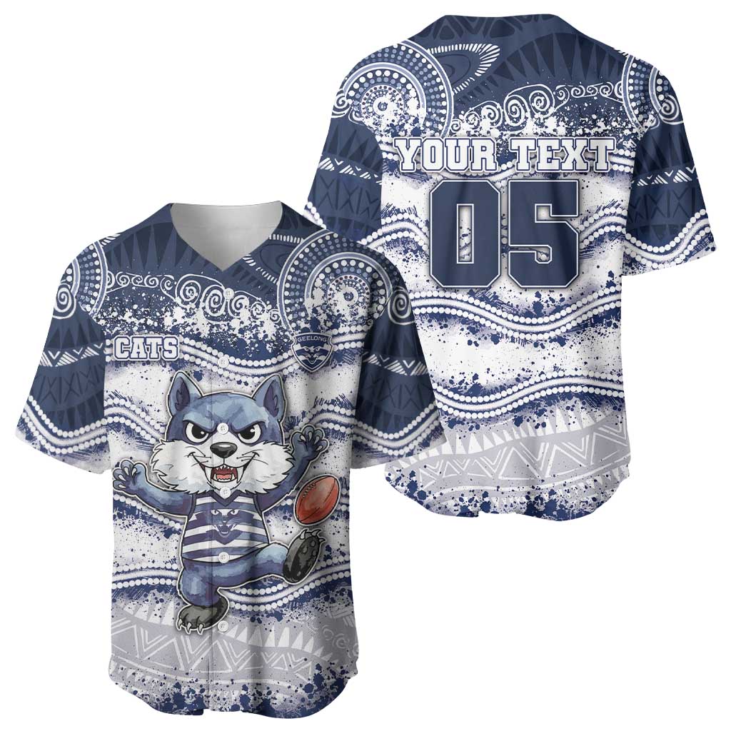 Custom Geelong Navy Baseball Jersey Playful Cat Kicking Ball