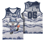 Custom Geelong Navy Basketball Jersey Playful Cat Kicking Ball