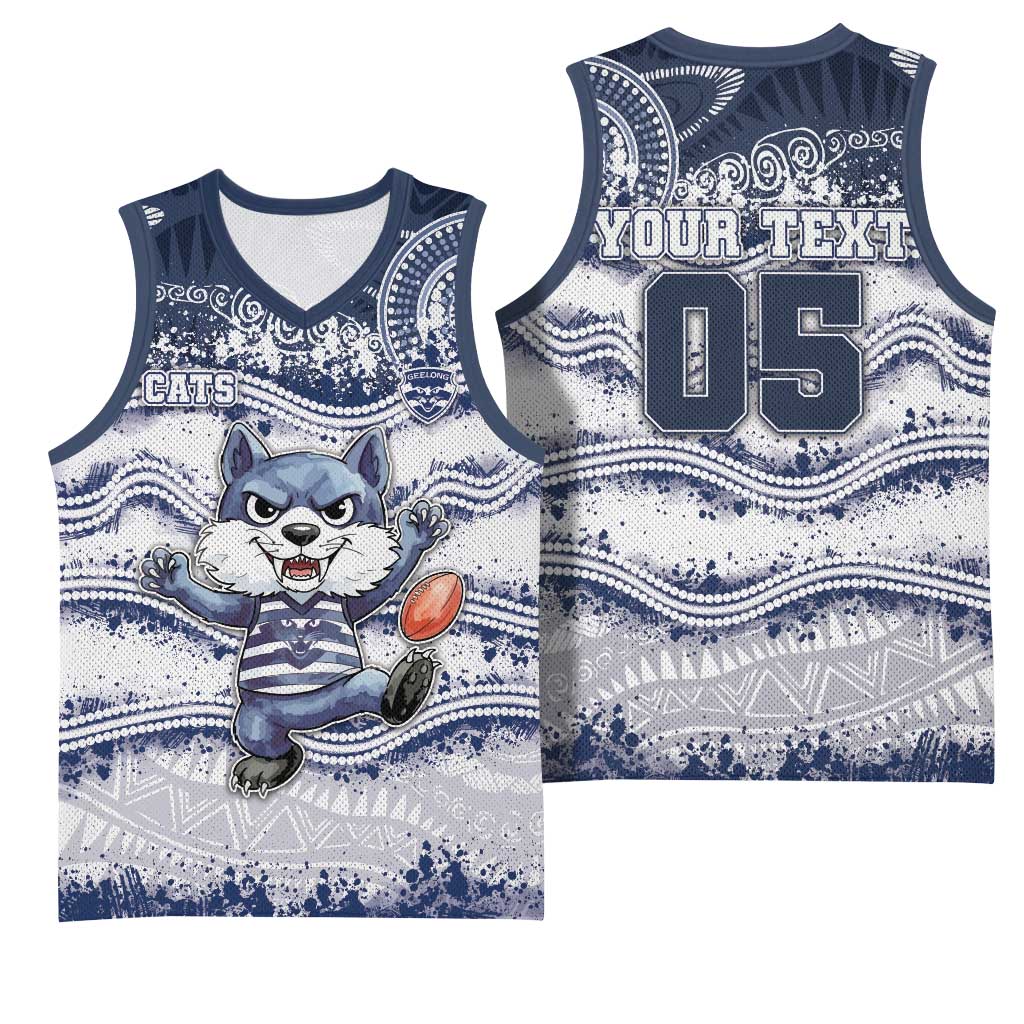Custom Geelong Navy Basketball Jersey Playful Cat Kicking Ball