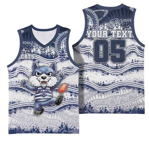Custom Geelong Navy Basketball Jersey Playful Cat Kicking Ball