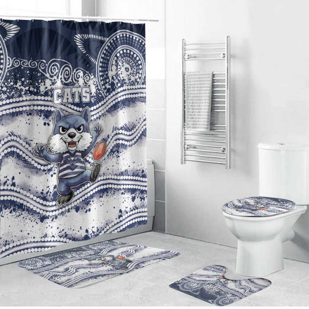 Geelong Navy Bathroom Set Playful Cat Kicking Ball