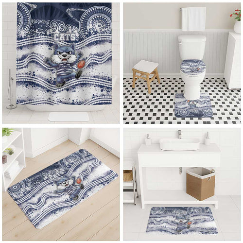 Geelong Navy Bathroom Set Playful Cat Kicking Ball