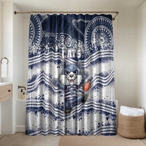 Geelong Navy Bathroom Set Playful Cat Kicking Ball