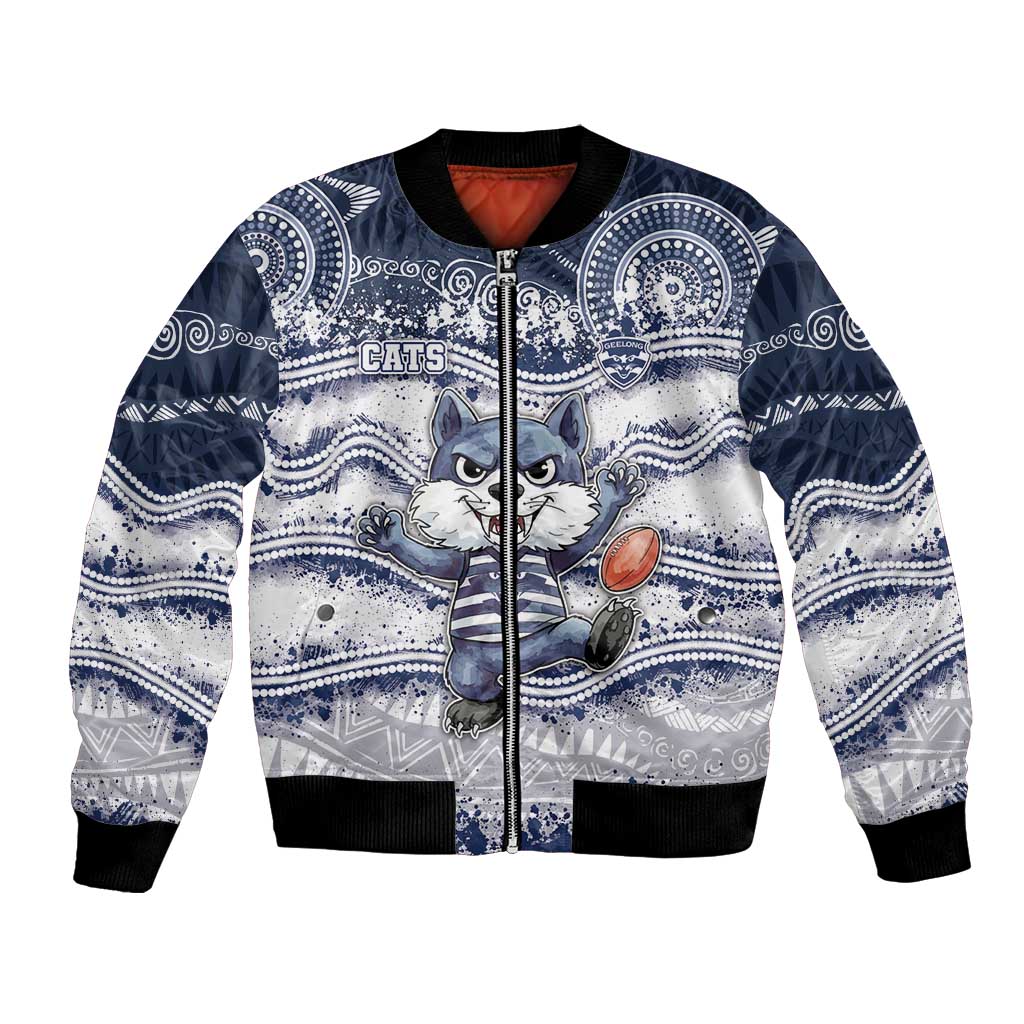 Custom Geelong Navy Bomber Jacket Playful Cat Kicking Ball